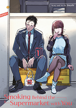 Volume 1 cover: Sasaki and Yamada smoking together behind the supermarket at dusk — two adults sharing a quiet moment under the vending machine light